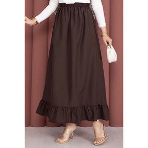 Linda Falda Coreana con Pliegues y Detalle de Volantes, Cintura Elástica, Suave y Transpirable, de Seda y Chifón Marrón, Talla XS Corta - Product Image 2