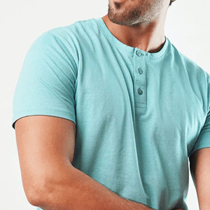 Camiseta Henley básica de algodón para hombre, manga corta, cuello de botón informal, transpirable y cómoda - Product Image 5