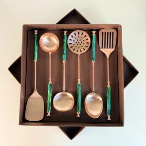 Factory Price Eco-Friendly <b>Kitchen</b> <b>Utensil</b> Set Easy Hook Green Resin Handle Stainless Steel Ladle Turner Home Cooking <b>Copper</b> - Product Image 1