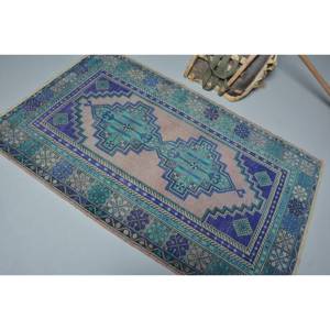 Alfombra de lana turca Vintage de 3,7x6 pies, diseño de retazos de felpa hecho a mano, clásico, azul, púrpura para adolescentes, respaldo de látex para sala de estar - Product Image 4