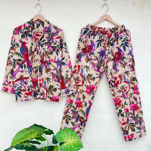 ชุดนอนผ้าฝ้ายแท้สำหรับผู้หญิงชุดใส่ในรีสอร์ทชุดนอนพิมพ์ลายดอกไม้ชุดนอนสไตล์โบฮีเมียน PJ นุ่มและสบาย - Product Image 1