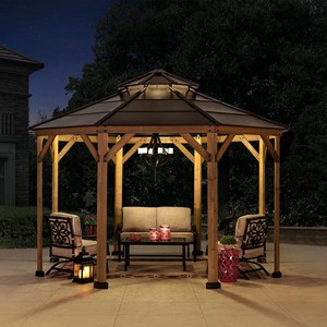 Gazebo de <span class=keywords><strong>jardin</strong></span> extérieur <span class=keywords><strong>en</strong></span> <span class=keywords><strong>bois</strong></span> avec toit rigide <span class=keywords><strong>en</strong></span> acier brun à deux niveaux - Product Image 2
