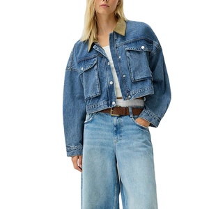 Veste en jean déchirée courte de haute qualité pour femmes Bleu moyen Boutonnée Décontractée Tissu en jean tissé - Product Image 1