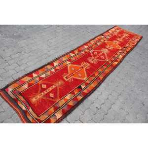 Vintage 2.7x11.4 ft Rug, Herki Turkish Rug, <b>Red</b> Abstract <b>Wool</b> Rug - Product Image 3