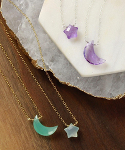 Ensemble de colliers de pierres précieuses à double couche avec lune et étoile Colliers à chaîne câblée Colliers pendentifs fins en argent plaqué or Boho faits à la main - Product Image 2