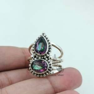 Bague Statement Faite Main pour Femme en Topaze Mystique et Argent Sterling, Double Pierre Précieuse Taillée Poire, Idéale pour Anniversaire, Noël ou Cadeau de Fête - Product Image 6