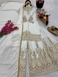 Ethenic Series Plazzo Sharara Salwar Kameez with <b>Top</b> and Supatta Heavy Wedding Wear for Modern Party <b>Festive</b> Season CHINON SILK - Product Image 4