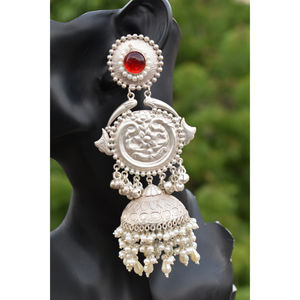 Nouvelle conception, boucles d'oreilles créoles jhumka en laiton aspect argent, faites à la main, style traditionnel, avec pierres, pour filles et femmes - Product Image 2