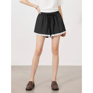 Shorts de Punto Acanalado de Alta Costura con Ribete de Encaje y Cintura Elástica para Mujer, Shorts de Pijama Cómodos e Informales, Proveedor de Ropa al por Mayor - Product Image 1