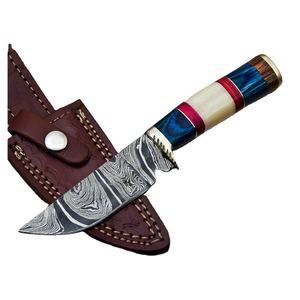 Couteau à lame fixe en acier damas fait à la main Support OEM personnalisable pour la chasse Camping avec pince en laiton en os de chameau en bois dur - Product Image 1