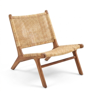 Chaise longue de jardin moderne en teck naturel, imperméable et durable, avec assise en sangle tressée pour terrasse et patio, décoration artistique - Product Image 1