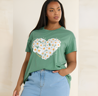 Trending OEM/ODM Heart Print Premium Cotton Plus Size T-Shirt para mujer Casual Curve Vendors Apparel Pacas De Ropa Bangladesh