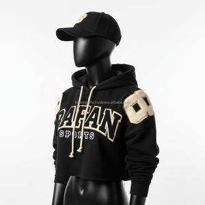 Haut à capuche pour femme, en molleton doux de qualité supérieure 320 GSM, noir avec panneaux d'épaule beiges, logo personnalisé brodé, design de patch en chenille - Product Image 4