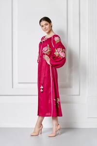 <b>Custom</b> Embroidery Balloon Sleeve V-Neck Mid Length Fashion Design Ukrainian <b>Dress</b> - Product Image 2