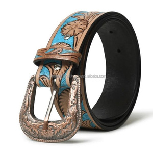 Eye Catching Engraved Designer Western Leather Tooling Belt with Blue & Brown Floral Embossed Design & Stylish Adjustable Buckle - Product Image 2