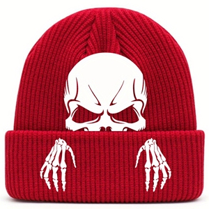 Hombres Mujeres Venta al por mayor Halloween Personalizado jacquard Invierno Tie-Dye Knit Beanie Hat Acrílico Cálido Slouchy Skull Cap con cuero - Product Image 6
