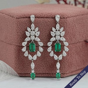 Unique 8.90ctw 14k White Gold Green <b>Emerald</b> and Diamond Dangle <b>Earrings</b> Genuine Diamond <b>Drop</b> <b>Earrings</b> Unbeatable Market Price - Product Image 3