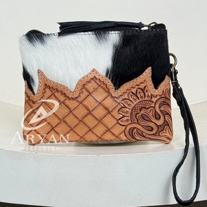 กระเป๋าคลัทช์หนังวัวแท้สำหรับผู้หญิงกระเป๋าคลัทช์แบบมีซิปลายดอกไม้ - Product Image 1