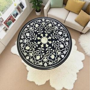 Black Marble Inlay Table <b>Top</b> With Round Shape Finishing And Smooth Polished Floral Design Used For Tea And Coffee Table In Hotel - Product Image 3