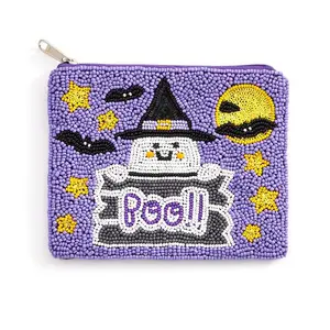 Boo message ghost seed beaded Halloween mini pouch bag lavender mini seed beaded pouch with Halloween pouch