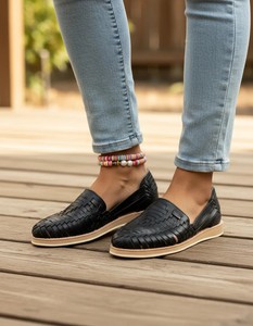 Mocassins en cuir tressé noir à semelles plates, chaussures décontractées à enfiler pour femmes. - Product Image 3