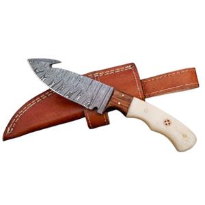 Cuchillo de Caza y Camping de Acero de Damasco Hecho a Mano Más Vendido |   Cuchillo Skinner de Hoja Fija Personalizado con Mango de Hueso y Funda de Cuero OEM - Product Image 1