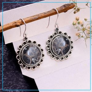 Pendientes de piedras preciosas de ágata Turritella, pendientes de forma redonda de Plata de Ley 925 sólida para mujeres y niñas, Pendientes colgantes, joyería - Product Image 3