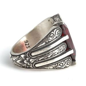 Geometric 925 Sterling Silver Rhodium-Plated Men's <b>Ring</b> with Rectangular Garnet Stone for Everyday Wear & Gifts - Product Image 3