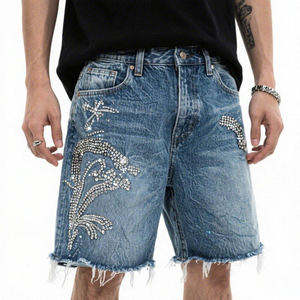 Pantalones cortos vaqueros rasgados desgastados lavados Vintage de cintura alta Fabricante de pantalones cortos vaqueros holgados personalizados para hombres - Product Image 1