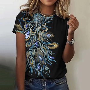 Imprimé à manches courtes t-shirt femmes haut vêtements pour femmes vêtements décontractés blouse paon accrocheur - Product Image 5