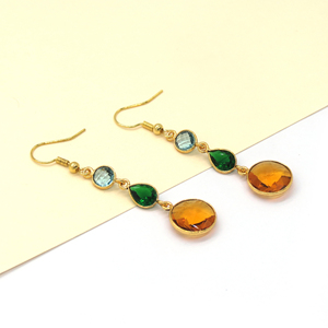 Pendientes Colgantes Bohemios Hechos a Mano con Múltiples Piedras Preciosas |   Topacio Azul, Esmeralda, Citrino |   Boda de Latón Chapado en Oro de 14K Sin Níquel - Product Image 3