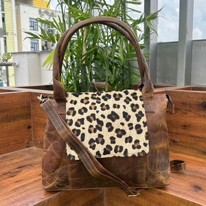 Handmade Hair on Leopard Print Cowhide Leather Flap Tote <b>Bag</b> for Women's Genuine Leather Vintage <b>Laptop</b> Holder <b>Crossbody</b> Purse - Product Image 4