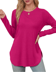 Chemise pour femme à taille ample en élasthanne/polyester, 100% tricotée, style basique, manches longues, fente latérale au niveau du cou, respirante, été - Product Image 1