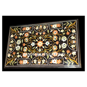 Dessus de table en marbre noir fait à la main de belle forme rectangulaire pour le dessus de table noir de travail d'incrustation de conception de fleurs faites à la main de classe supérieure - Product Image 1