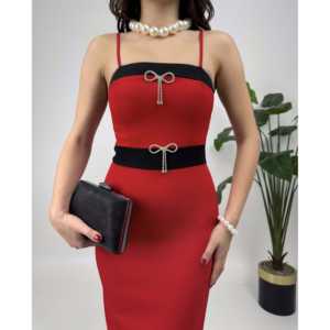 Vestido Satinado Aks 2079 con Adorno de Lazo y Tirantes, Silueta Ajustada, Cintura Natural - Product Image 6