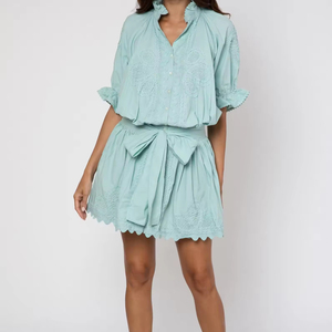 100% Cotton Poplin <b>A</b>-<b>Line</b> Blouse <b>Dress</b> Fashionable Scallop-Edged Shirt Adjustable Elastic Waist Tie Ric Rac <b>Pattern</b> Decorations - Product Image 1