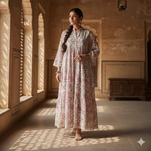Kaftan d'été rose à imprimé floral numérique, coupe midi trapèze, en coton écologique, robe bohème à volants pour femme, tenue ethnique indienne décontractée - Product Image 1