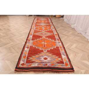 2.8x11.7 ft Vintage Rug, Herki Rug, <b>Red</b> Moroccan Rug <b>Wool</b> - Product Image 2