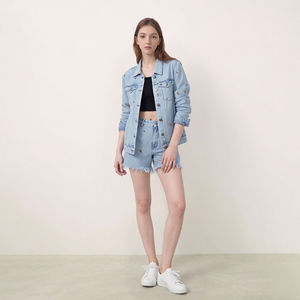 <b>Women</b> Blue <b>Cropped</b> Denim Jacket With Ring Strap Detail Short <b>Jean</b> Coat Trendy Streetwear Fashion Ladies Long Sleeve Outerwear - Product Image 1