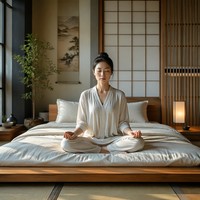 Lit en bois minimaliste japonais Zen réglable, cadre de lit plateforme à profil bas, rembourrage en tissu écologique pour une chambre à coucher paisible