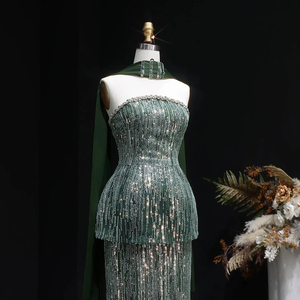 Robe de soirée de luxe Jancember LSZ781 vert foncé, élégante robe sirène, robe de soirée formelle lourdement perlée avec long châle - Product Image 5