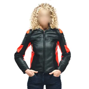 帕夏国际公司的顶级品质黑色和红色对比透气高级产品女式赛车皮革摩托车夹克