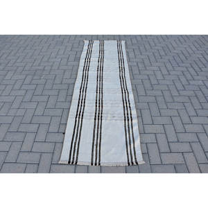 Alfombra de lana turca Vintage patrón a rayas Beige negro clásico área grande rectángulo pasillo Patchwork diseño 2,3X7,1 pies 4m látex - Product Image 1