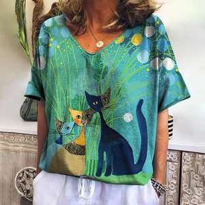 Cartoon <b>Cat</b> T Shirt For Women Summer V-neck Short Sleeve Tee Fashion 2025 Female Clothing Street wear Women's T-shirt - Product Image 2