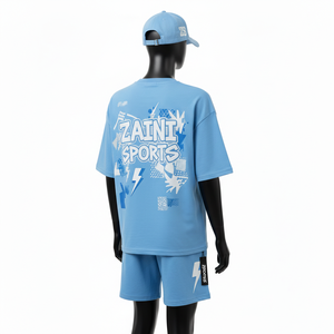 Conjunto de Camiseta y Pantalones Cortos para Mujer, Algodón Jersey Premium de 180 GSM, Suave y Transpirable, Azul Cielo, Impresión de Pantalla, Logotipo Personalizado - Product Image 5