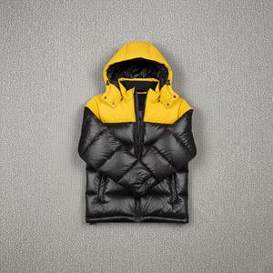 Men's Canvas Puffer <b>Jacket</b> Yellow Black Color Block Two-Tone Padded Quilted Stand Collar Front Logo <b>Hooded</b> Winter - Product Image 5