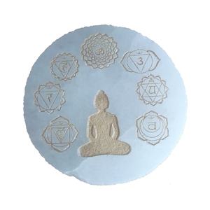 Sous-verre en sélénite de haute qualité, symboles de chakra de Bouddha gravés, disque de charge en sélénite, sous-verres en cristal pour les boissons avec support à café - Product Image 4