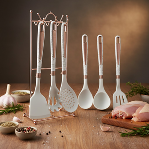 7-PCs Imported <b>Silicone</b> Kitchen Utensil Set White Golden Handles Heat Resistant Dishwasher Safe Ergonomic Handle Cooking <b>Tools</b> - Product Image 1
