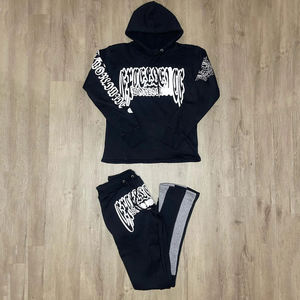 Streetwear empilé à capuche unisexe personnalisé survêtement survêtement deux pièces survêtement pantalon évasé Baggy ensemble 100% coton - Product Image 2