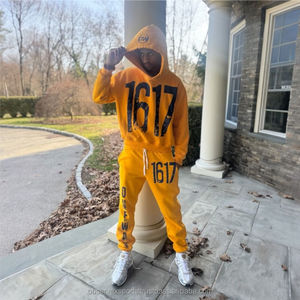 Trajes de chándal de algodón con peso pesado personalizados lavado con ácido sol desteñido estampado de pantalla sudaderas con cremallera Pantalones anchos conjunto de 2 piezas para hombre - Product Image 1